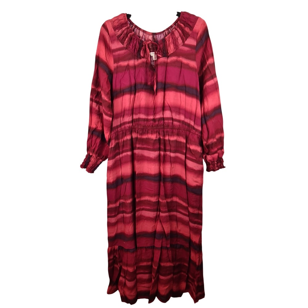 Terra & Sky Womens 1X Red Pink‎ Striped Ruffle Tie Neck Maxi Dress Long Sleeve
